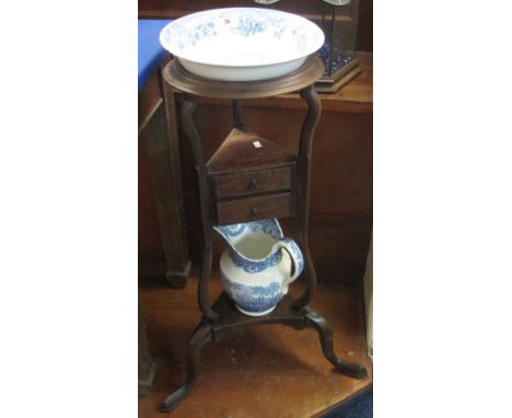 19th Century mahogany gentleman's shaving stand of tripod design, with blue and white jug and basin (not matching).(B.P. 24% 