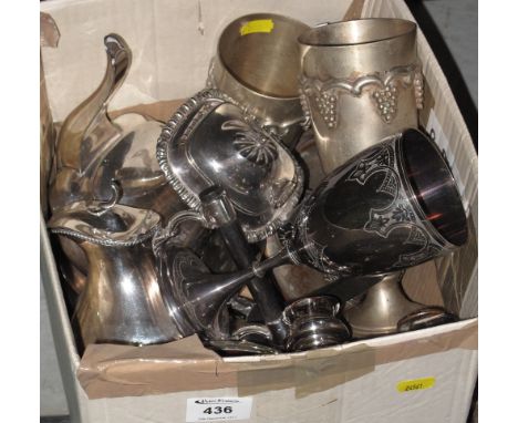 Box of assorted metalware to include: goblets; teapots; ladle; chamber sticks; toasting fork etc. (B.P. 24% incl. VAT)