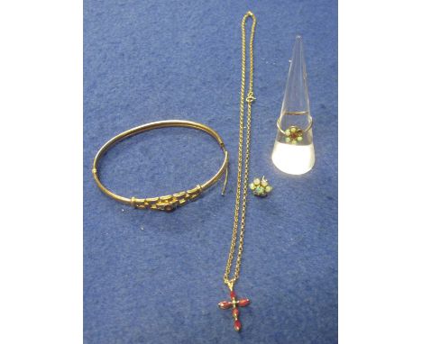 9ct gold bangle, cross pendant on chain, opal set earring and ring.(B.P. 24% incl. VAT)