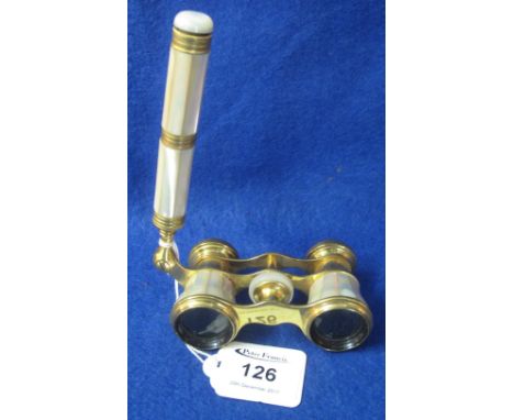 Pair of mother-of-pearl and gilded brass French opera glasses in velvet bag, together with associated Carl Zeiss Jena printed
