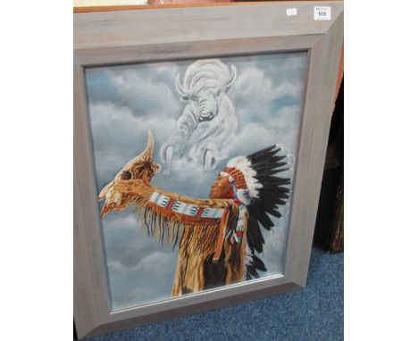 Warburton, 'Spirit of the buffalo', portrait study of a North American Indian, signed with monogram, oils on panel, 60 x 46cm