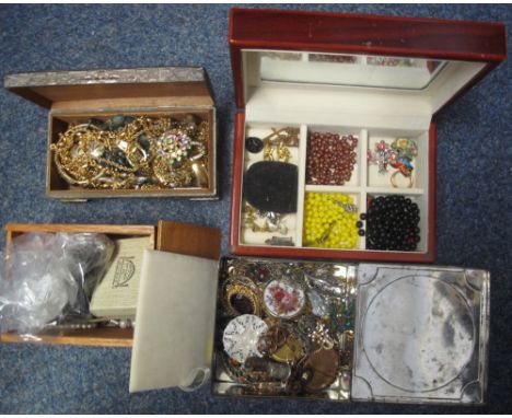 Collection of assorted costume jewellery to include beads, bangles, pearls, tin of mainly assorted brooches, eastern design j