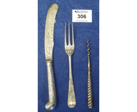 Silver engraved pistol grip knife together with silver engraved, initialled fork and silver handled corkscrew. (3)(B.P. 24% i