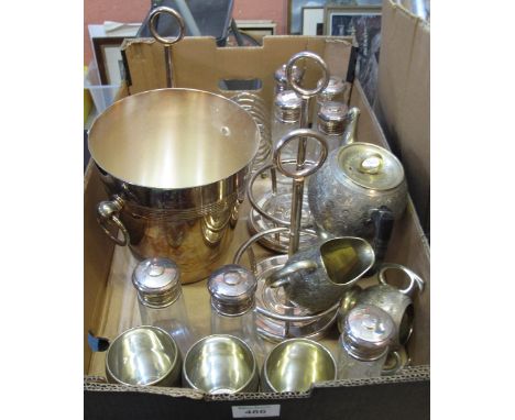 White metal Indian design three piece tea service with matching tumblers, together with other silver plated items including: 