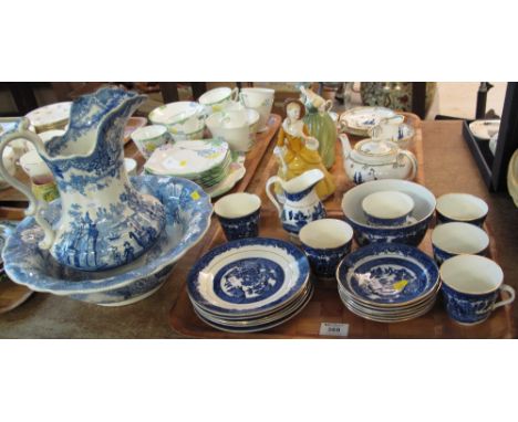 Tray of blue and white Queen's china teaware, together with 19th Century transfer printed blue and white jug and basin set, t