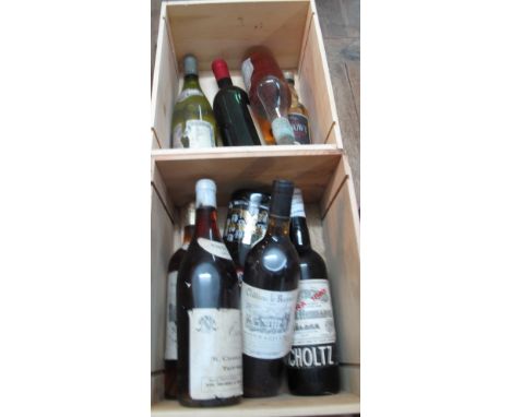 Two pine wine boxes containing various alcohol to include: Japanese Sake; Chateau La Baraids 1990; Klubowy brandy; Harvey's c