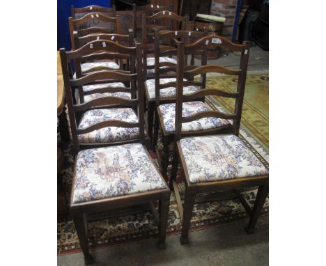 Set of eight early 20th Century ladder back dining chairs with upholstered drop in seats. (6+2) (8)(B.P. 24% incl. VAT)