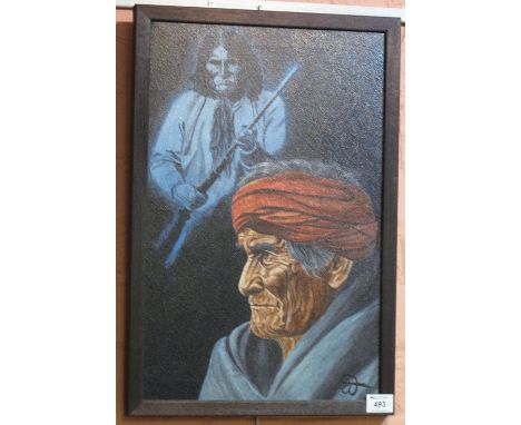 Warburton, (contemporary, Welsh), portrait study of two North American Indians, signed with monogram, oils on canvas.  Framed
