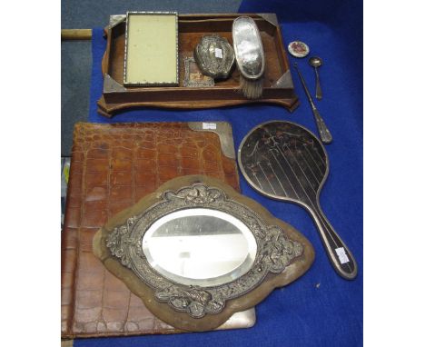 Group of assorted items to include: silver and tortoiseshell vanity mirror and brush, together with small silver photograph f
