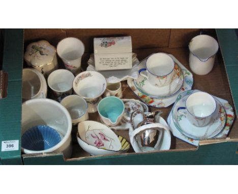 Tray of assorted china to include: two Shelley trios with milk jug, on a white ground with autumn woodland scenes; Shelley wh