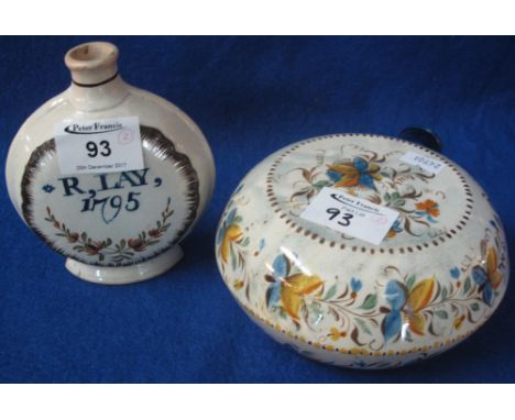 18th Century pottery flask, named: R. Lay, dated: 1795, with floral decoration to the reverse, together with another florally