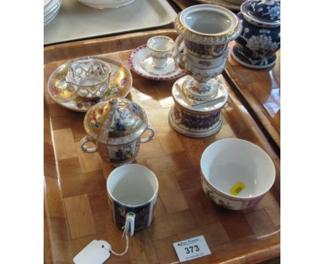 Tray of Continental porcelain items to include: Dresden miniature Campana vase on circular plinth; figural sugar bowl; straig