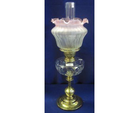 Early 20th Century brass column double burner oil lamp with clear glass reservoir and etched pink shade.(B.P. 24% incl. VAT)