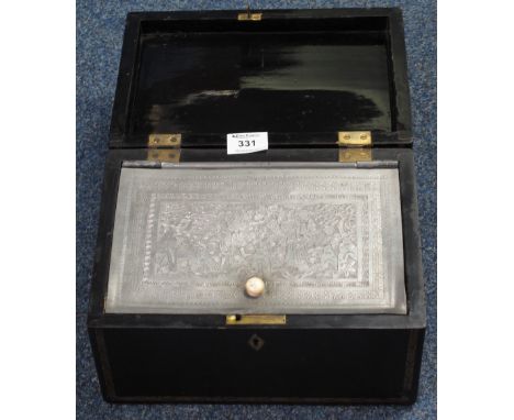 19th Century lacquered rectangular caddy box with engraved white metal liner depicting figures in landscape.(B.P. 24% incl. V