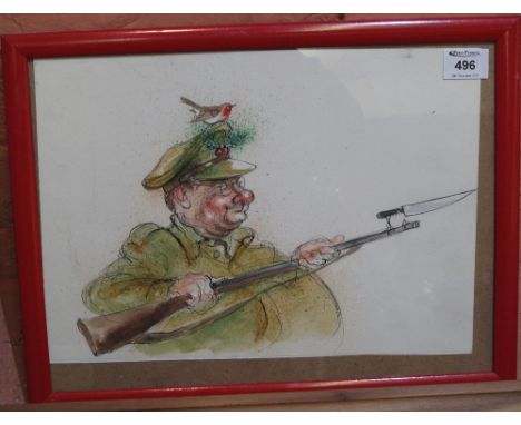 British School, (20th Century), portrait study of Captain Mainwaring of 'Dad's Army', ink and watercolours.  Unsigned.  27 x 
