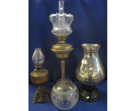 Group of assorted oil lamps and accessories to include: single burner oil lamp; another smaller oil lamp; two shades and two 