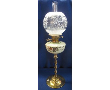 Early 20th Century brass spiral column double burner oil lamp with floral reservoir, etched spherical shade and funnel.(B.P. 