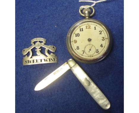 Military pocket watch stamped: GSTP with arrowhead to reverse, silver bladed mother-of-pearl fruit knife and silver sweet win
