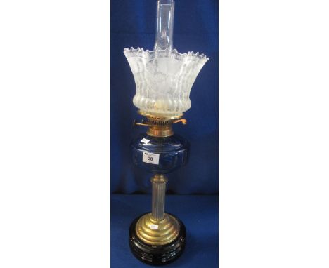 Early 20th Century brass columned Duplex double burner oil lamp with blue glass reservoir, etched shade and clear glass funne