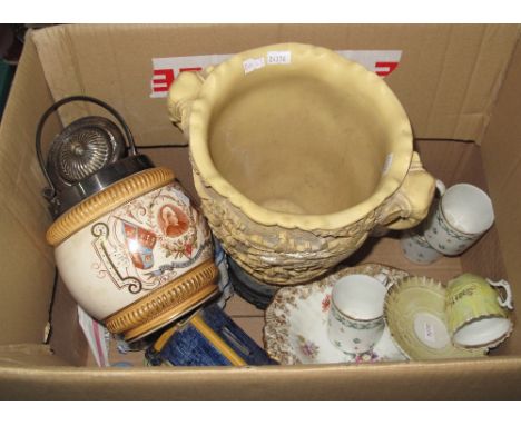 Box of assorted china to include: German porcelain oval mirror decorated with cherub mounts; 19th Century coffee cans and sau