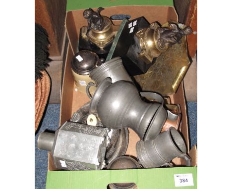Tray of assorted metalware to include: Chinese Kut Hing pewter swatow tea caddy; pewter tankards, one to include 'Pembroke Co