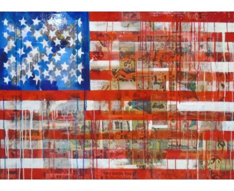 ADRIAN ABBERLEY (British, b. 1936), Stars and Stripes Marvel mixed media on canvas covered in comic book decoupage, 120cm x 8
