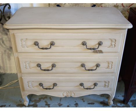 COMMODE, Louis XV style traditionally grey painted with three long drawers, 90cm W x 46cm D x 82cm H.