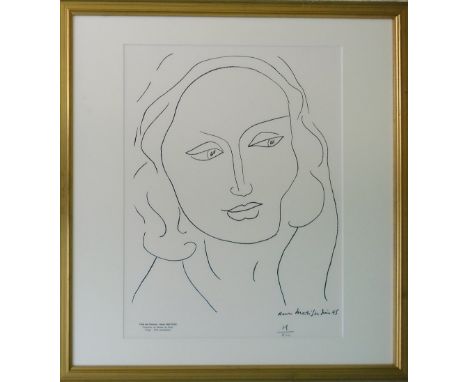 HENRI MATISSE, 'Tete de Femme', offset lithograph, limited edition 500, hand numbered, 53cm x 37cm, framed and glazed..(Subje