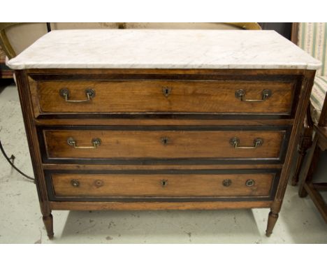 COMMODE, Louis XVI walnut circa 1790, with white marble top above three drawers, 88cm H x 114cm W x 56cm D. (with faults)