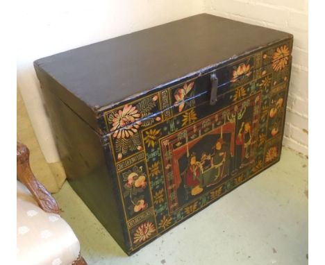 CHINESE TRUNK, black lacquer with rising lid and traditional painted decorative scene to front, 55cm D x 86cm x 64cm H.