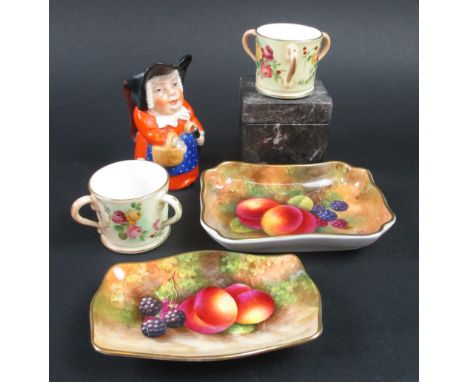ROYAL WORCESTER, two miniature tygs, 3.75cm H, a pin tray signed 'A. Shuck', another smaller (with faults) and a Welsh lady c