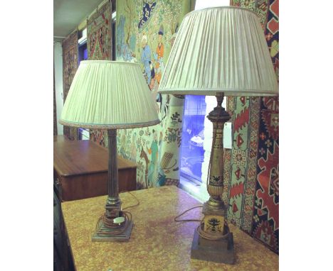 TABLE LAMP, Classical style Corinthian column silver plated on copper on a square stepped platform base with a cream shade, 7