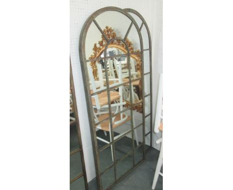 MIRRORS, a pair, architectural style with arched top in metal frame, 158cm x 66cm. (2)