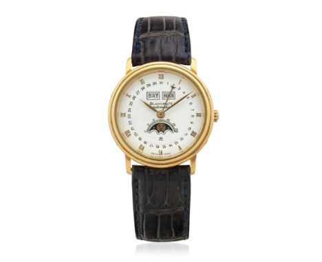 BLANCPAIN VILLERET SELF-WINDING CALENDAR IN GOLD, BOX AND GUARANTEE, SOLD IN 1992 Case: signed, n. 2865, in 18K gold, snap on