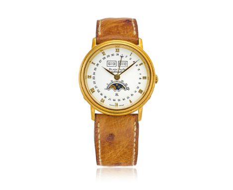 BLANCPAIN VILLERET SELF-WINDING CALENDAR IN GOLD, BOX AND GUARANTEE, SOLD IN 1991 Case: signed, n. 2821, in 18K gold, snap on