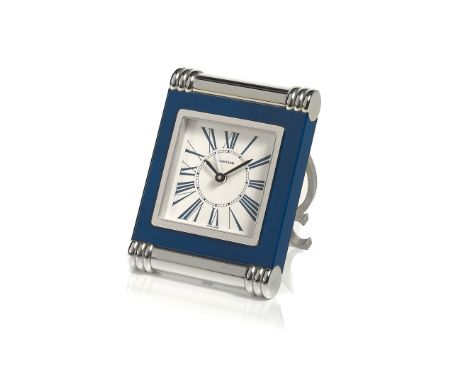 CARTIER REF. 6603 DESKTOP WATCH, 2000S Case: signed, no. UD1757, steel and blue lacquer. Dial: signed, blue Roman numerals. M