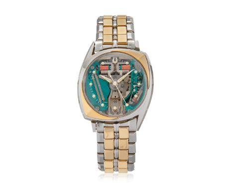 BULOVA ACCUTRON ASSYMETRIC SPACEVIEW STEEL AND GOLD, 60S Case: signed, n. 110921 M0, in stainless steel and gold, caseback wi