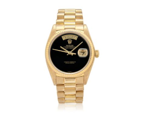 ROLEX DAY-DATE REF. 18038 IN GOLD WITH ONYX DIAL, 80S EXTREMELY RARE AND WELL PRESERVED EXAMPLE WITH HARDSTONE DIAL Case: sig