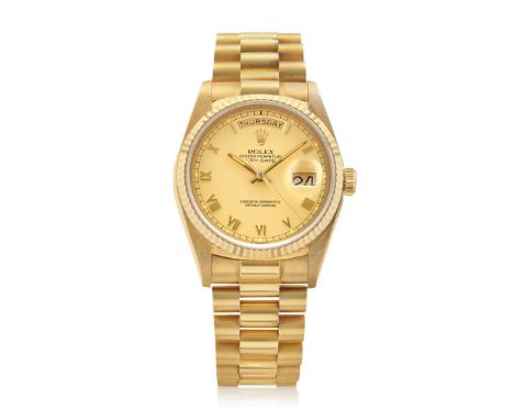 ROLEX DAY-DATE REF. 18038 IN GOLD, 80S EXAMPLE OF LUXURY AND ELEGANCE, NEVER POLISHED Case: signed, n. 8444035, in 18K gold, 