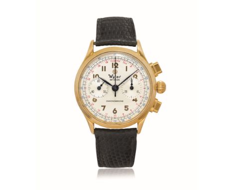 WYLER CHRONOGRAPH BIARRITZ REF. 17.94.1014 IN GOLD, 90S Case: signed, n. 34577002, in 18K gold, snap on caseback. Bracelet/St