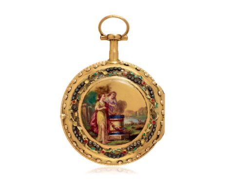 GOLD AND ENAMEL WATCH, SIGNED FAVRE, PERIOD 1780 Case: two-body in gold, polychrome enamel medallion depicting two female fig