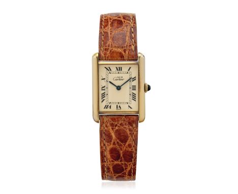 CARTIER TANK MUST DE, BOX AND GUARANTEE, SOLD IN 1990 Case: signed, n. 6 204852, vermeil, caseback with screws on sides. Brac