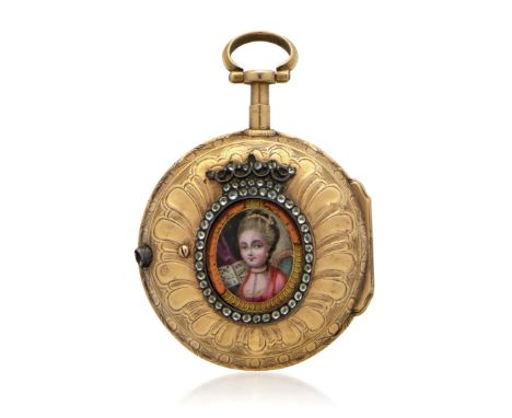 GOLD WATCH WITH MINIATURE, SIGNED MORÉ A GENEVE, CIRCA 1780 Case: n. 2933, in gold, chiseled and engraved, sets with paste st