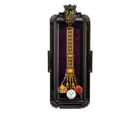 AMALRIC PÉRE &amp; FILS IN GOLD WITH CHÂTELAINE AND DISPLAY CASE, CIRCA 1860 Case: in gold, decorated and richly garnished wi