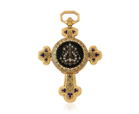 GOLD AND ENAMEL CROSS-SHAPED HUNTER CASE WATCH, SIGNED M. GUGENHEIM, CIRCA 1880 Case: 18K gold lobed cross-shaped, engraved a