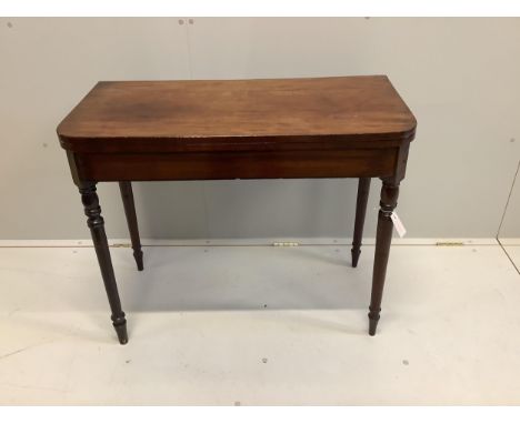 A Regency rectangular mahogany folding card table, width 92cm, depth 44cm, height 75cm