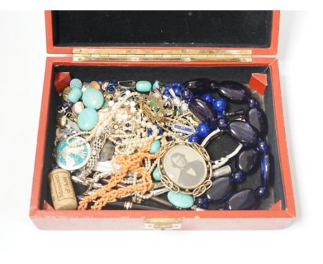 Assorted costume jewellery and other items including a 1970's 9ct gold and diamond chip set ring, mother of pearl handled sil