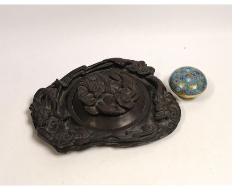 A 19th century Chinese cloisonné enamel incense box and a 'dragon' inkstone, 25cm