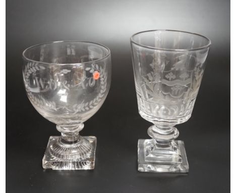 Two rummer style 18th century square-based goblets, both with etched designs, one a coat of arms, both stems with flattened k