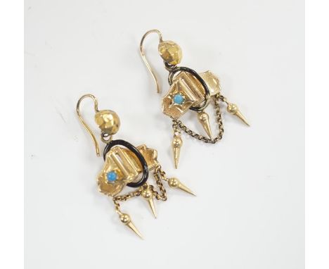 A pair of Edwardian yellow metal, black enamel and turquoise coloured bead set drop tassel earrings, 35mm, gross weight 3.7 g